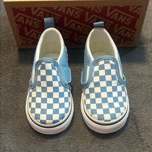 New Vans Kids Light Blue Checkered Slip-On Sneakers